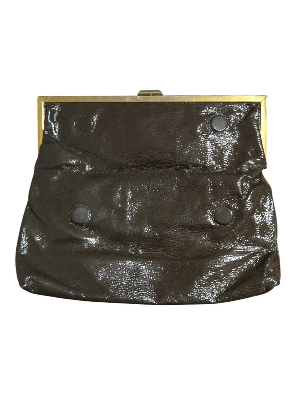Vintage Goldenbleu Patent Fold-Over Clutch in Deep Brown with Gold Trim